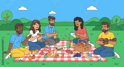 Friends Enjoying Picnic Outdoors In Nature On A Sunny Day