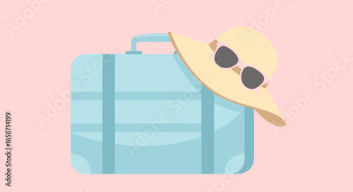 Getaway Vacation With Blue Suitcase Hat And Sunglasses Illustration