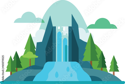 Flat design illustration of a waterfall cascading down a mountain with trees and clouds nature landscape