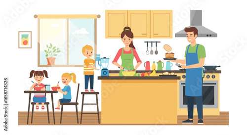 Happy Family Cooking and Preparing Healthy Food Together at Home