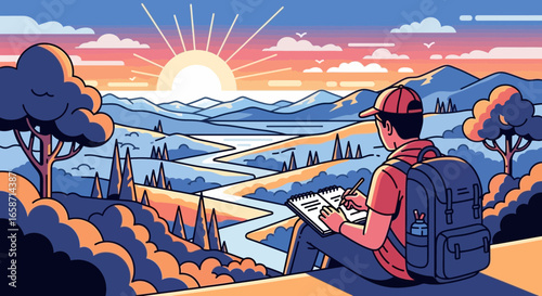 Illustrative Hiker Sketches Mountain View During Scenic Sunrise Outdoors