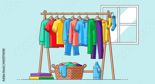 Laundry Room With Garments Hanging On Wooden Rack And Cleaning Supplies