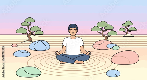 Meditating Man In Zen Garden Calmness And Serenity Illustration