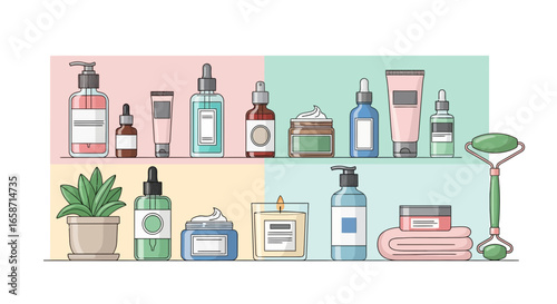 Skincare Routine Products On Pastel Background In Line Art Style