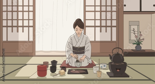 Traditional Preparation Of Matcha Tea With Geisha Inside A Japanese Room