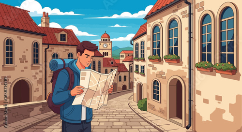 Tourist Exploring European Town With Backpack And Map On Sunny Day