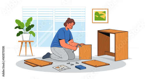 Woman Assembling New Furniture At Home With The Help Of Manual