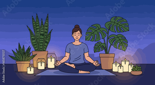 Woman Meditating in Lotus Pose Surrounded by Plants and Candles