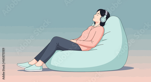 Woman Relaxing On Beanbag Chair With Headphones In A Serene Environment