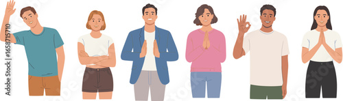 Diverse People Making Hand Gestures Like Waving, Namaste, and OK Sign in Friendly Greeting Poses, Flat Vector Illustration for Communication Concepts