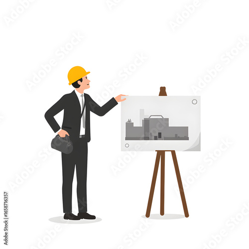 Engineer presenting building blueprint on easel, vector illustration