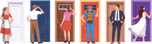Illustration of diverse people standing and knocking on colorful doors, representing opportunity, career choice, lifestyle decision, individuality, exploration, uncertainty, personal growth