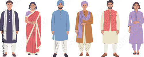 Men and Women Wearing Traditional Ethnic Outfits Including Kurta, Sari, and Turban — Flat Vector Illustration for Cultural ConceptsMen and Women Wearing Traditional
