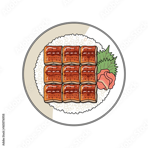 Unagi sushi illustration vector, delicious japanese food concept, plate illustration, top view, flat design 
