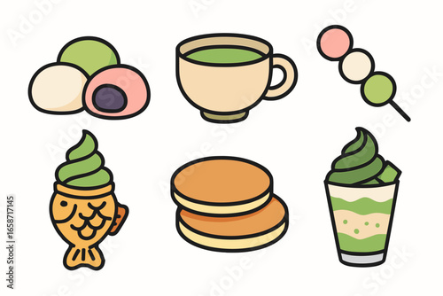 japanese food vector illustration, flat design, colorful, delicious, asian cuisine concept icon set,