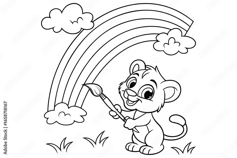 Obraz premium Cute cartoon cat artist painting on canvas illustration, black and white coloring page