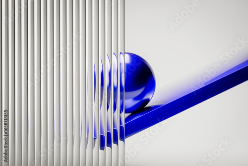 Blue glass sphere behind distorted fluted 3D panels