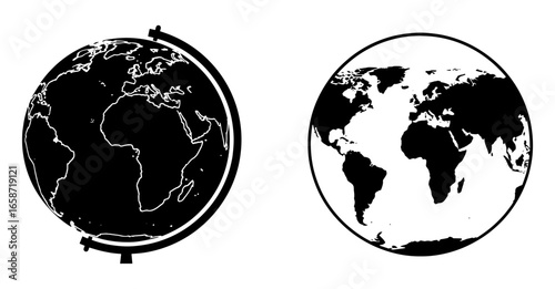 Vector art of two globes showing continents, one black and one white