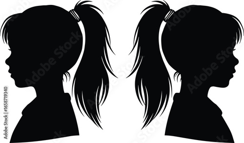 Silhouette of two ponytail head profiles facing opposite directions, mirrored female portrait vector ideal for beauty, fashion, and hairstyle designs