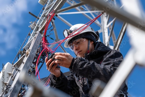 Network technician at work: A skilled technician diligently working on a communication tower. The image captures the dedication and precision required in maintaining essential network infrastructure.