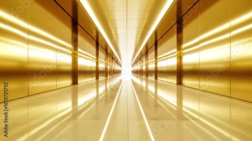 Golden Corridor: Abstract Metallic Hallway with Bright Light