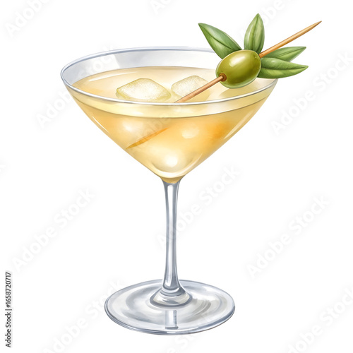 Classic martini cocktail with olive and garnish isolated on transparent background