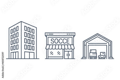 Simple line art icons of commercial buildings and warehouse
