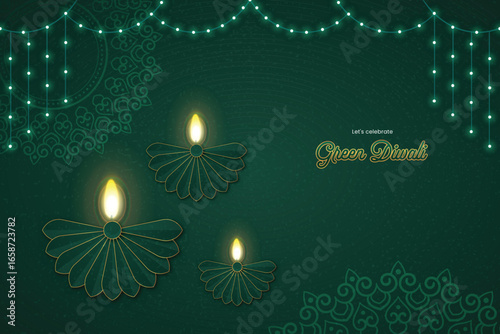 An eco-friendly concept for the Indian festival of lights. This background features glowing paper craft diyas and string lights for a sustainable celebration.