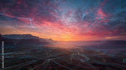Futuristic Sunset with Digital Network Overlay