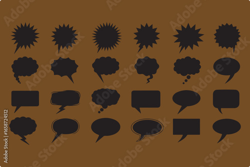 Collection of twenty four black speech bubble silhouettes on a brown background