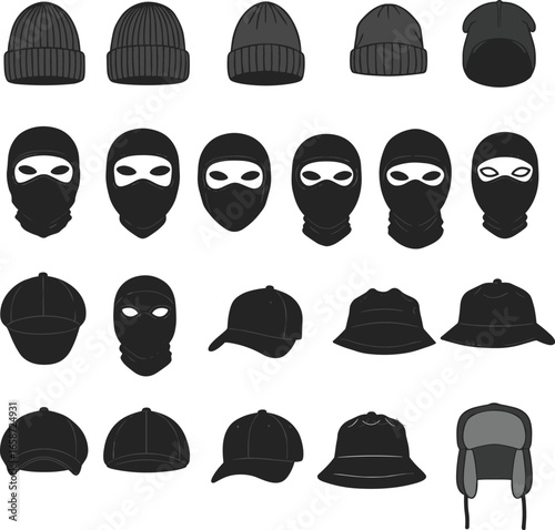 Assorted Headwear Collection Vector Illustration, Different Kinds of Hats, Beanie, Balaclava, Baseball Cap, Bucket Hat, Winter Headwear, Fashion Accessories.