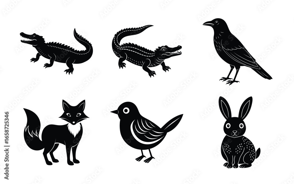 Obraz premium Animal Silhouettes Crocodile Fox Bird Raven and Rabbit Collection silhouette