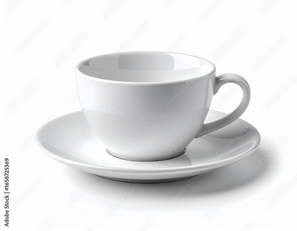 Fototapeta premium Ceramic Elegance: An immaculate white teacup and saucer, exuding minimalist elegance and perfect for enjoying your favorite beverage.