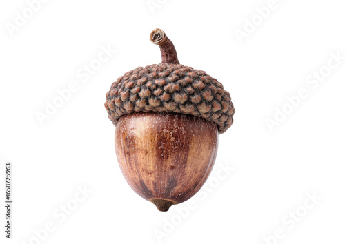Close-up of a single acorn.  The acorn is a light brownish-tan color with darker brown speckles and ridges. 