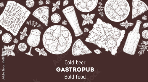 Gastropub menu. Pub food and beer. Hand drawn vector illustration. Food and drink sketch. Top view. Hand drawn food collection for gastropub or pub menu design. Beer,
