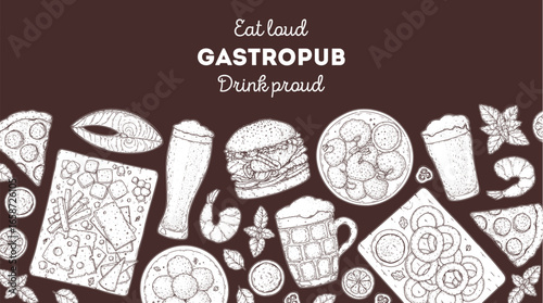 Gastropub menu. Pub food and beer. Hand drawn vector illustration. Food and drink sketch. Top view. Hand drawn food collection for gastropub or pub menu design. Beer,