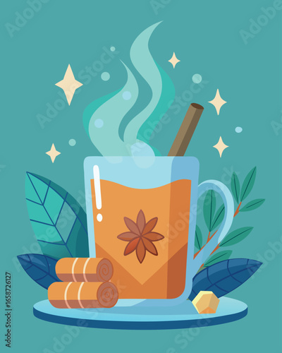 Hot mulled wine with cinnamon and anise. Vector illustration in flat style