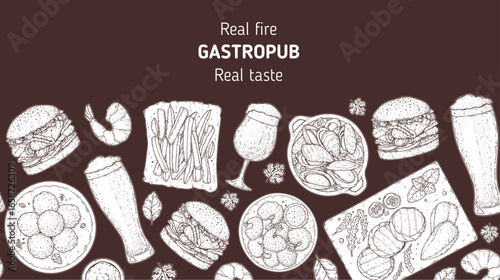 Gastropub menu. Pub food and beer. Hand drawn vector illustration. Food and drink sketch. Top view. Hand drawn food collection for gastropub or pub menu design. Beer,