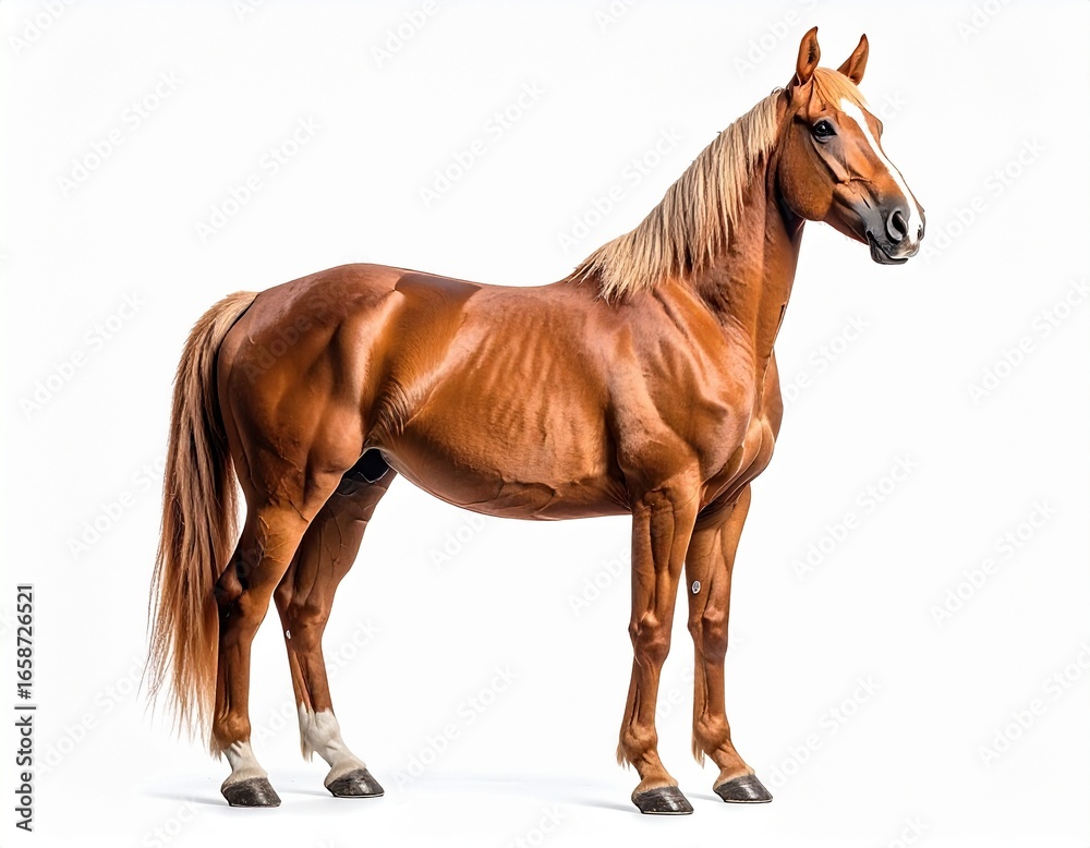 Obraz premium Elegant Chestnut Horse in Profile: A majestic chestnut horse stands proudly, showcasing its sleek coat and flowing mane in a studio setting. A celebration of equestrian beauty and natural grace.