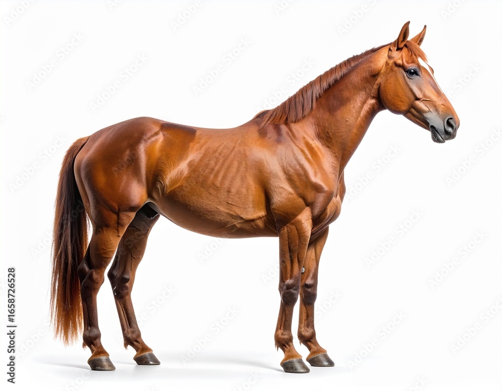 Obraz premium Elegant Chestnut Horse: A majestic chestnut horse stands proudly, its sleek coat gleaming, embodying grace and strength in a captivating side profile.