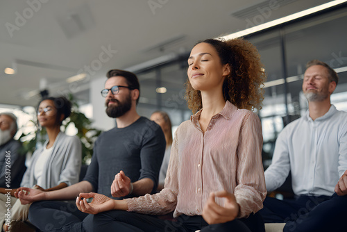 Mindfulness at Work - Employees participating in a meditation session in a corporate wellness program - AI Generated