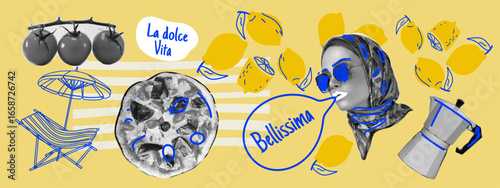 Mediterranean summer collage with pizza, chaise lounge, lemons, tomatoes, coffee pot, and a girl illustration. Vector design in La Dolce Vita aesthetic.