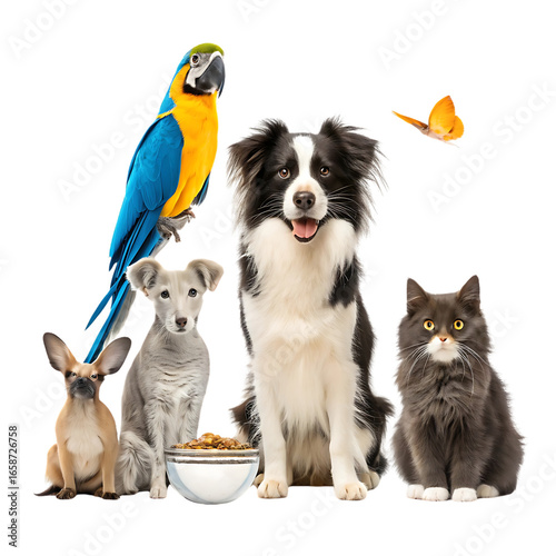 A group of diverse pets isolated on transparent background