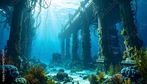 A drowned capital where broken statues and data servers rest beneath the ocean, tangled in glowing vines, patrolled by biomechanical squids—haunting vision of a lost digital empire.