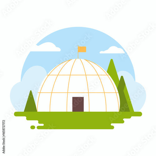 Modern Geodesic Dome Home with Flag and Landscape Scenery Flat Design Vector Illustration Contemporary Architectural Design Green Grass and Trees