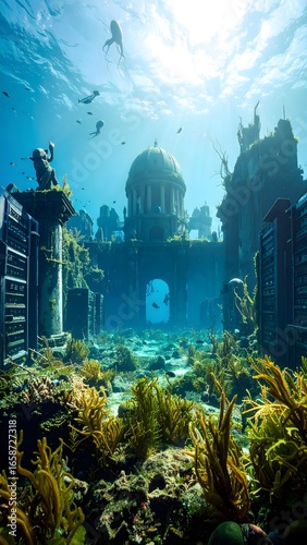 A drowned capital where broken statues and data servers rest beneath the ocean, tangled in glowing vines, patrolled by biomechanical squids—haunting vision of a lost digital empire.