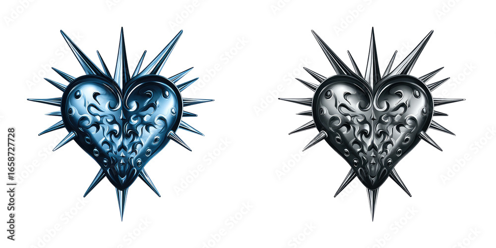 Obraz premium Two stylized, ornate hearts, one blue, one gray, bursting with decorative spikes