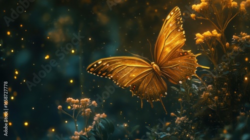 Golden butterfly amidst glowing wildflowers at night