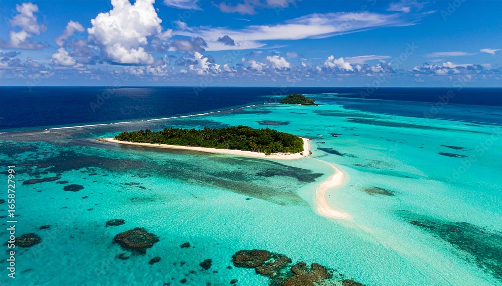 Obraz premium Spectacular Aerial Seascape of a Tropical Atoll, Winding Sandbar, and Turquoise Lagoon