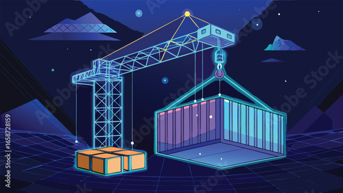Image of a cargo crane featuring blue lines set against a dark background, showcasing its design and functionality..eps